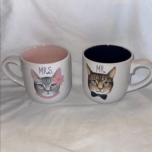 Mr. and Mrs. Cat Ceramic Mug Set - Pink & Navy Interior